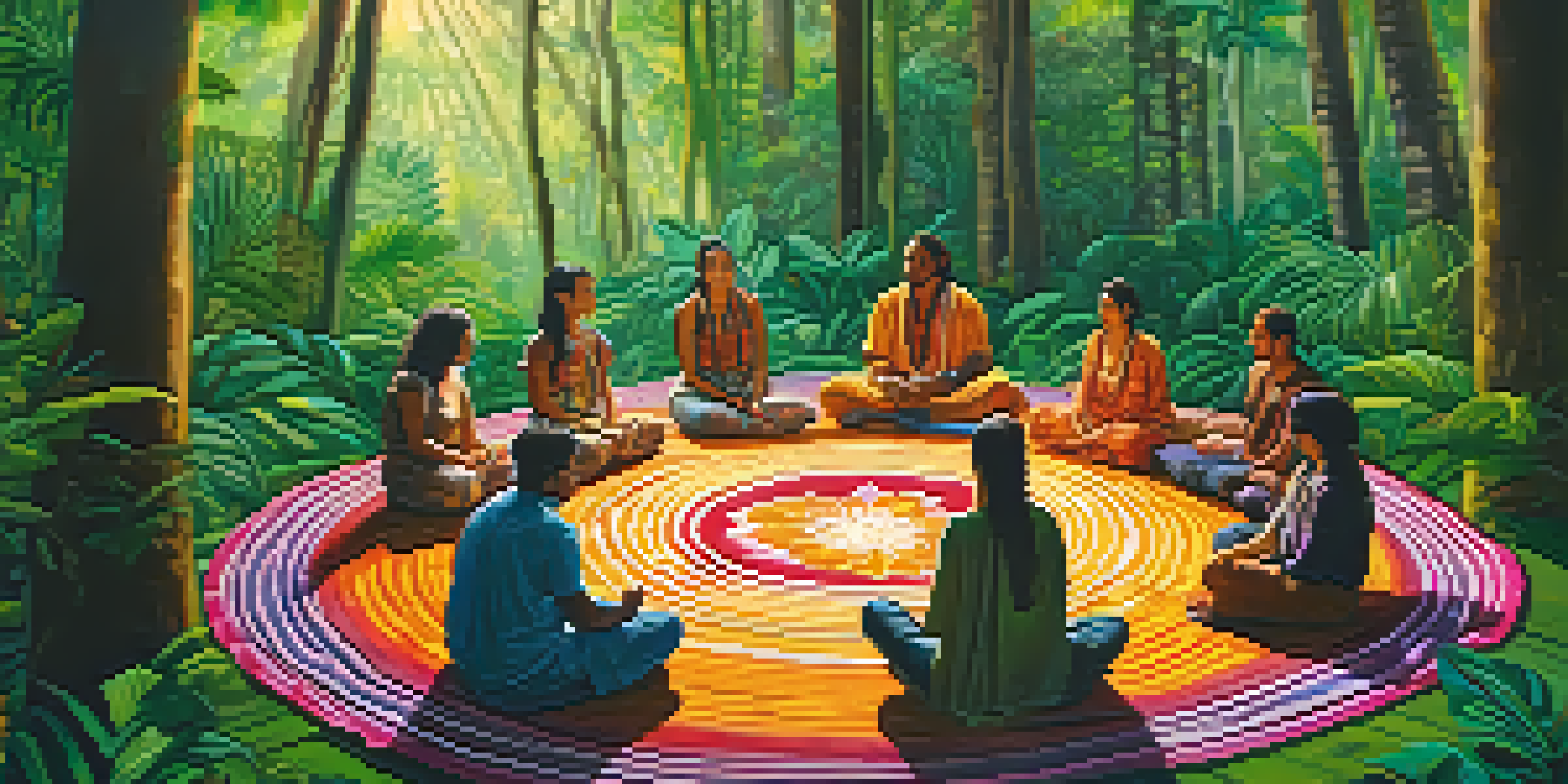A peaceful jungle scene with diverse participants sitting in a circle during an Ayahuasca ceremony, surrounded by lush greenery and colorful flowers, with soft sunlight filtering through the trees.