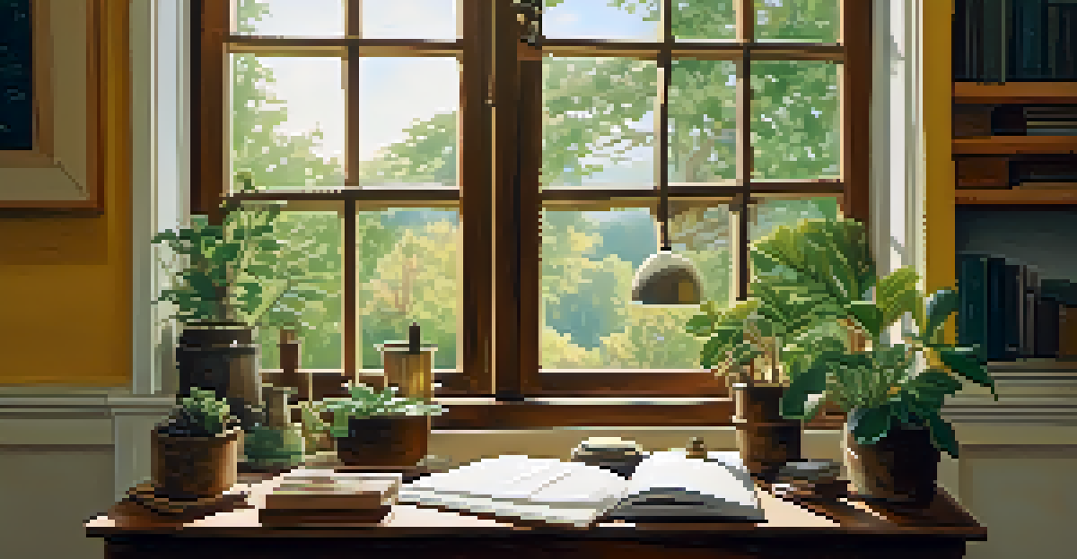 A person journaling at a wooden desk in a cozy room filled with warm lighting and nature-themed art on the walls.