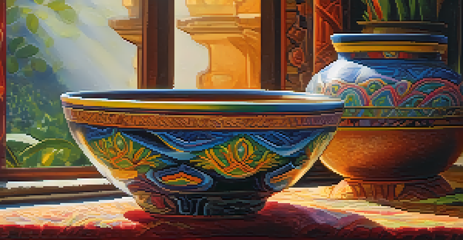 A close-up of ayahuasca brew in a ceramic bowl, with steam rising, set against a softly blurred background of flowers and warm natural light.
