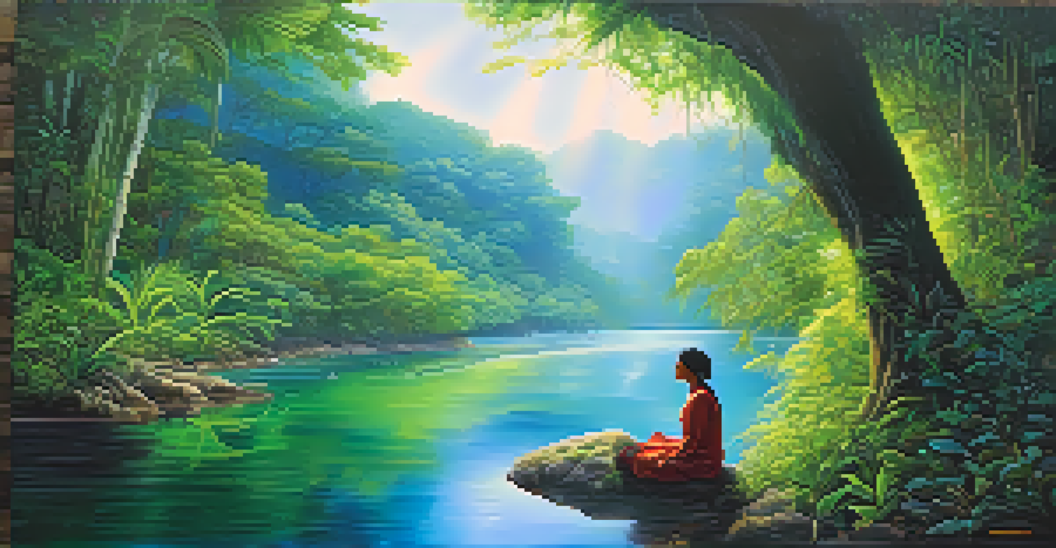 A person meditating by a riverbank in the Amazon rainforest, surrounded by ethereal light and vibrant colors symbolizing introspection and healing.