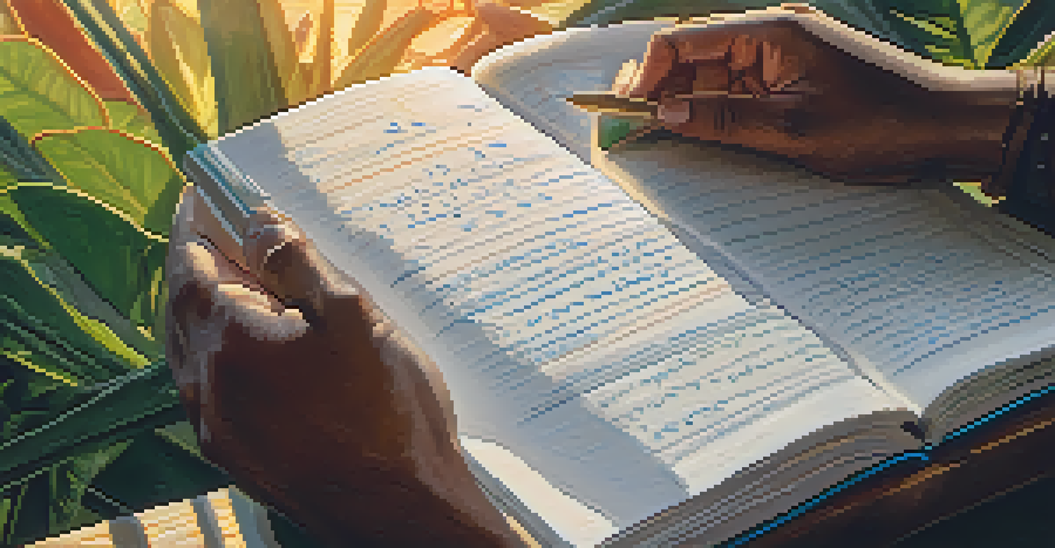 A close-up image of hands holding an open journal with notes and sketches, set against a natural background with sunlight.