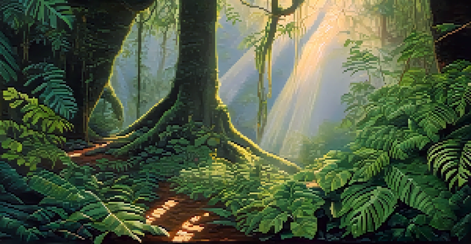 An Amazon rainforest at dawn, showcasing the Banisteriopsis caapi vine with vibrant greenery and soft sunlight filtering through the trees.