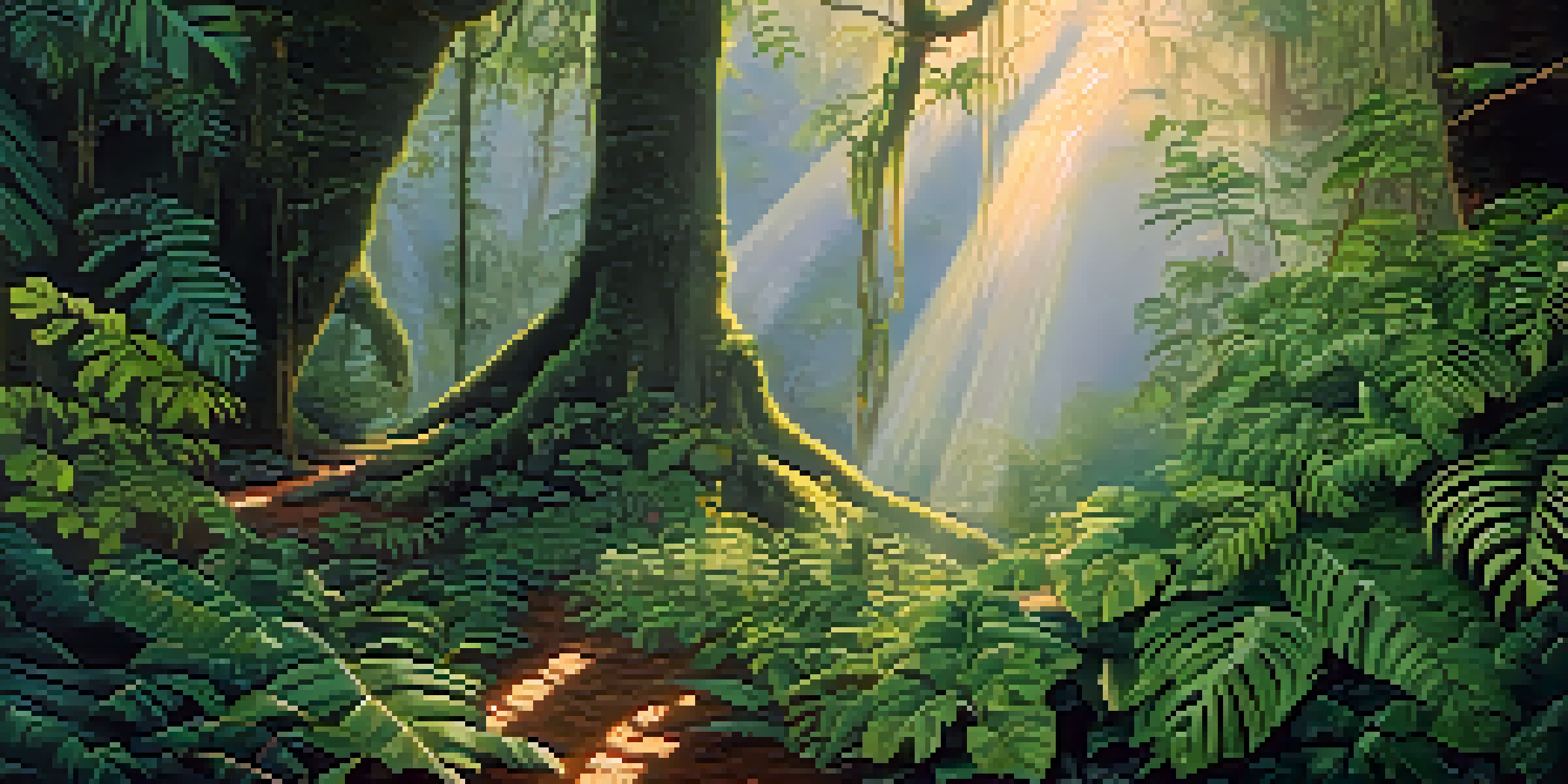 An Amazon rainforest at dawn, showcasing the Banisteriopsis caapi vine with vibrant greenery and soft sunlight filtering through the trees.