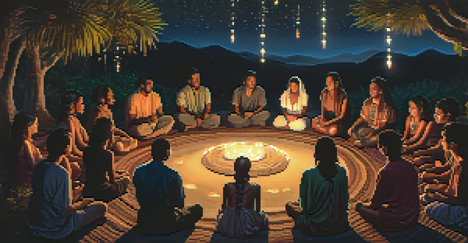 A group of people in a circle under the stars, engaged in an Ayahuasca ceremony with a central altar.