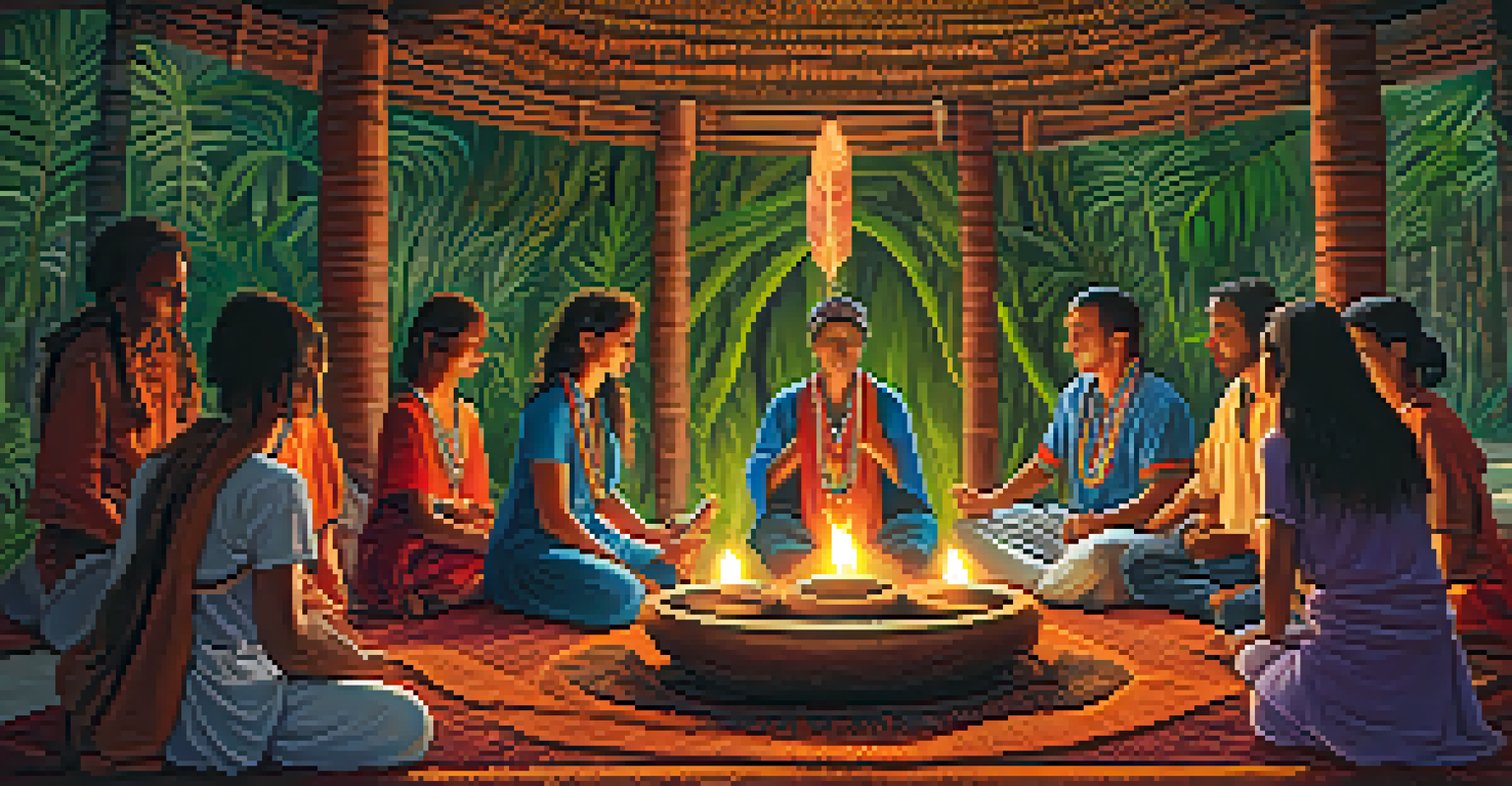 A detailed view of an Ayahuasca ceremony with a shaman leading, surrounded by participants in a decorated space filled with candles and plants.