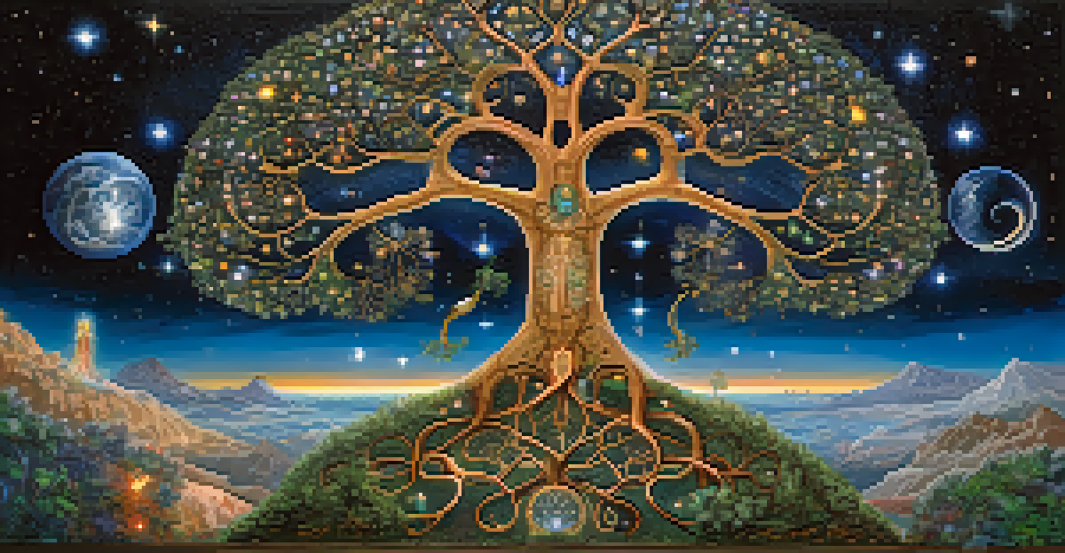 A detailed depiction of the tree of life with intertwined branches and roots, set against a starry cosmic background, symbolizing connection.