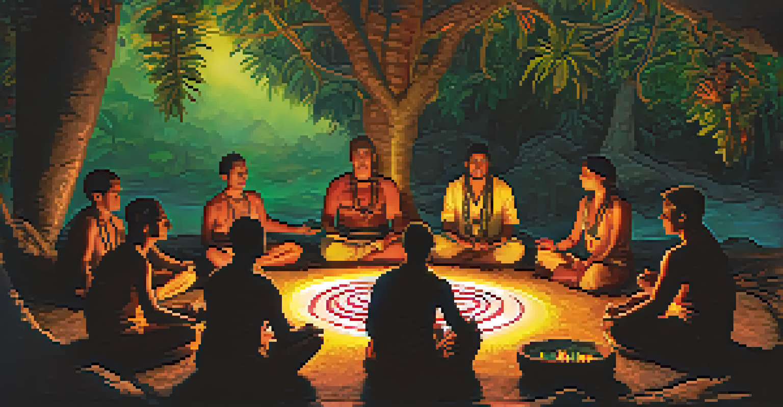 Participants in a circle during an Ayahuasca ceremony with a shaman, illuminated by candlelight.