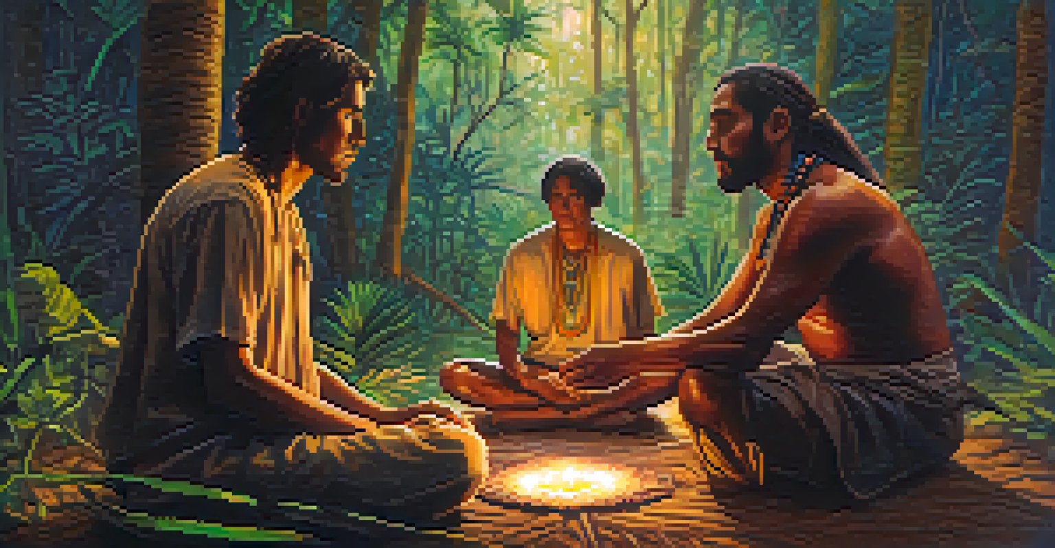 A facilitator guiding a participant in an ayahuasca ceremony, surrounded by nature and soft light.