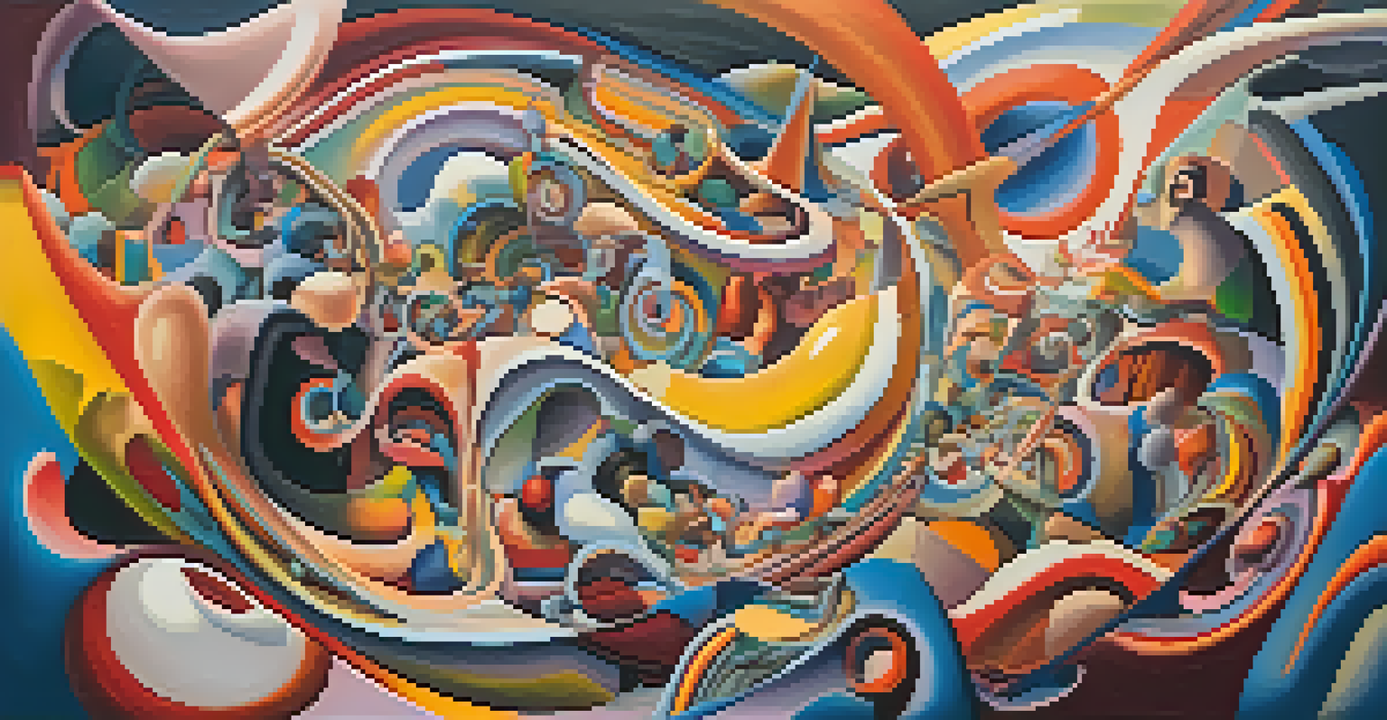 An abstract image of swirling colors and shapes representing the journey into the unknown, with faces and figures emerging from the chaos.