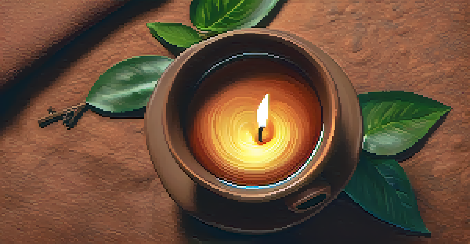 A close-up of a clay cup with rich brown Ayahuasca brew reflecting warm candlelight, with blurred greenery in the background.