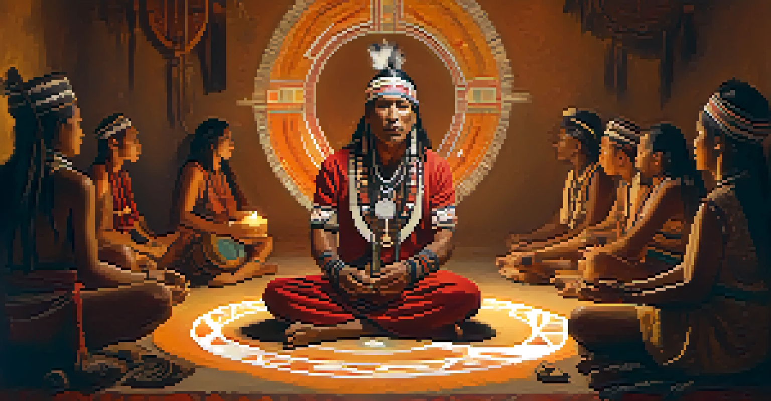 An indigenous shaman in traditional clothing leading a ceremony, surrounded by participants in a candlelit setting.