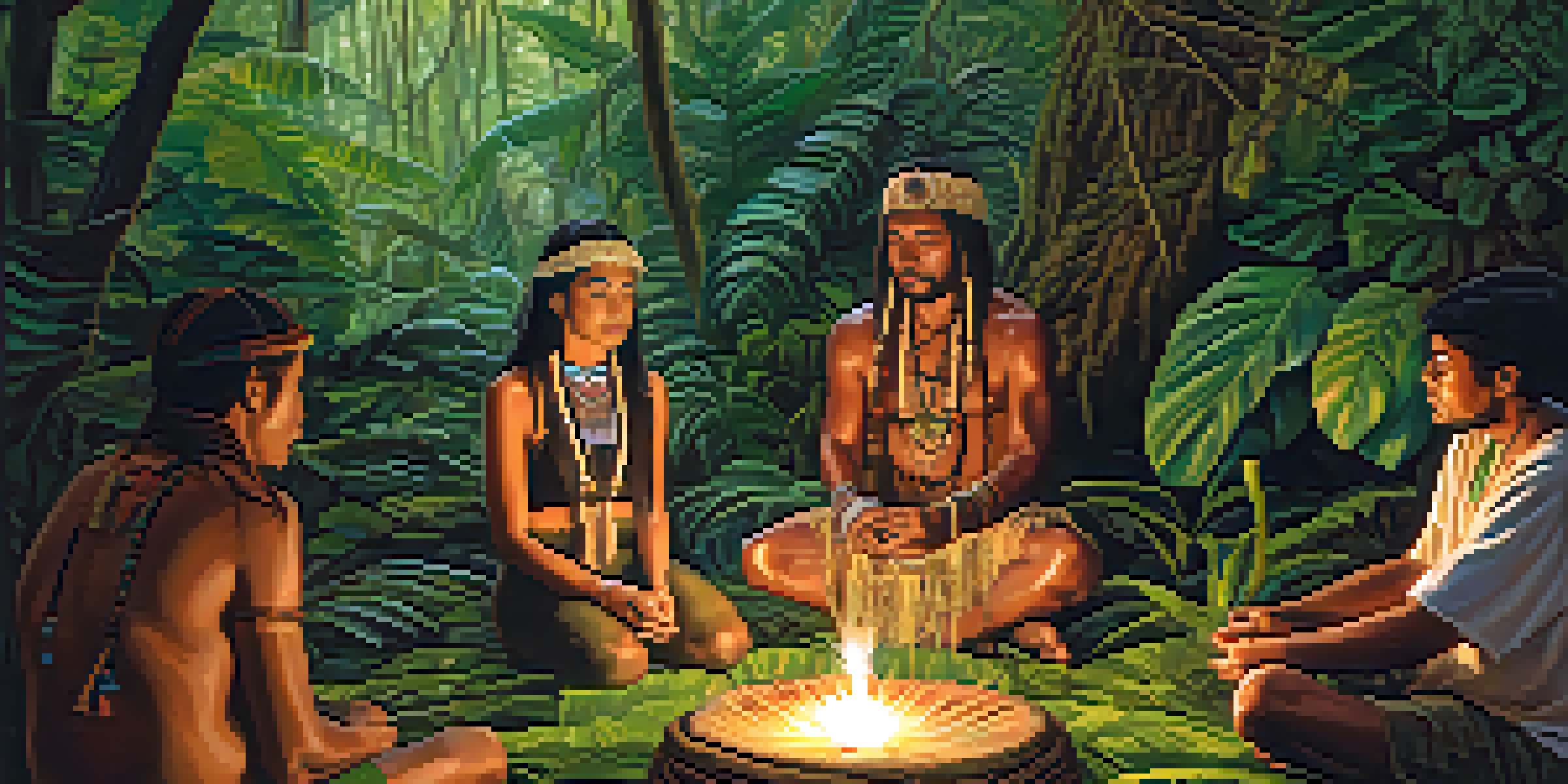 A shaman leading an Ayahuasca ceremony in a vibrant jungle, surrounded by participants in meditation.
