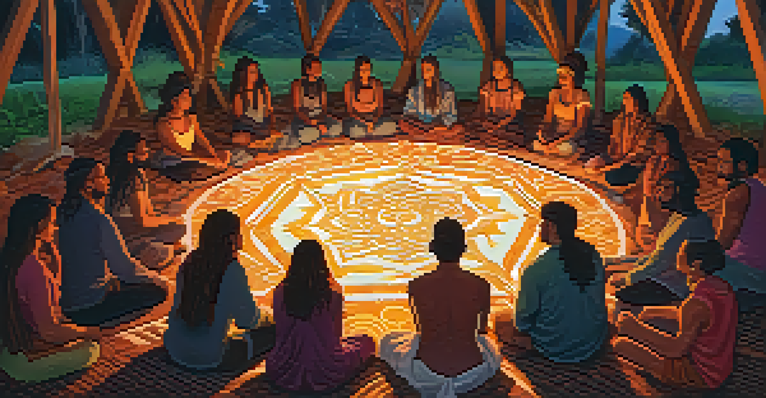 A diverse group of people in a circle during an Ayahuasca ceremony, reflecting in a warmly lit tent with colorful textiles.