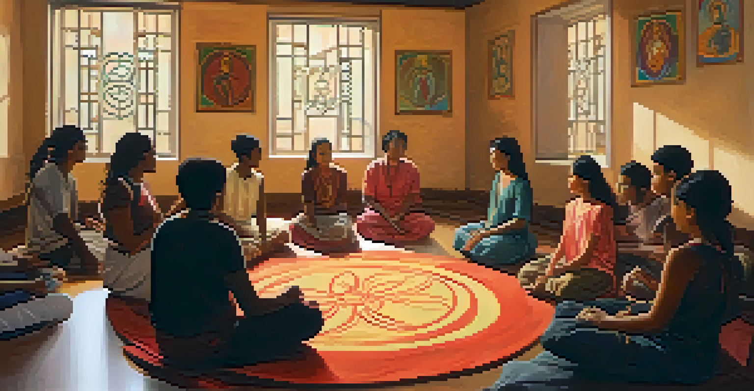 A facilitator guiding a group of participants in a supportive environment, surrounded by spiritual symbols and warm lighting.
