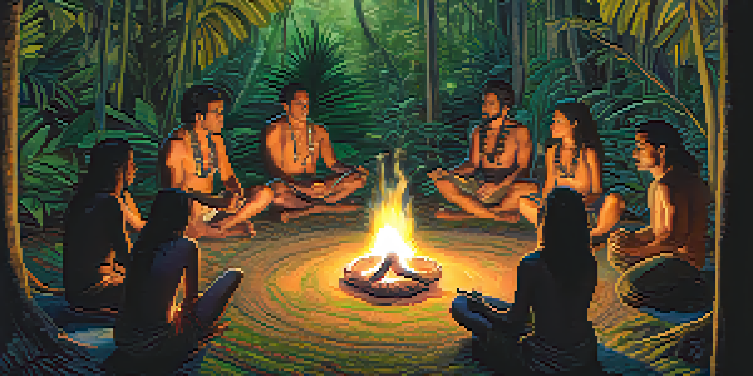 A peaceful Ayahuasca ceremony in a jungle setting with participants sitting in a circle around a fire.