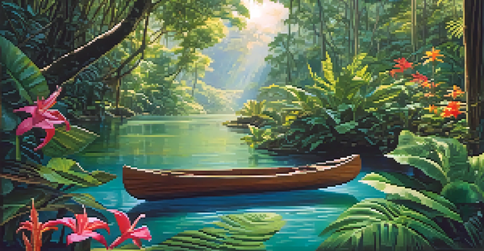 A peaceful scene of an Amazon rainforest with a river and a canoe, filled with greenery and sunlight.