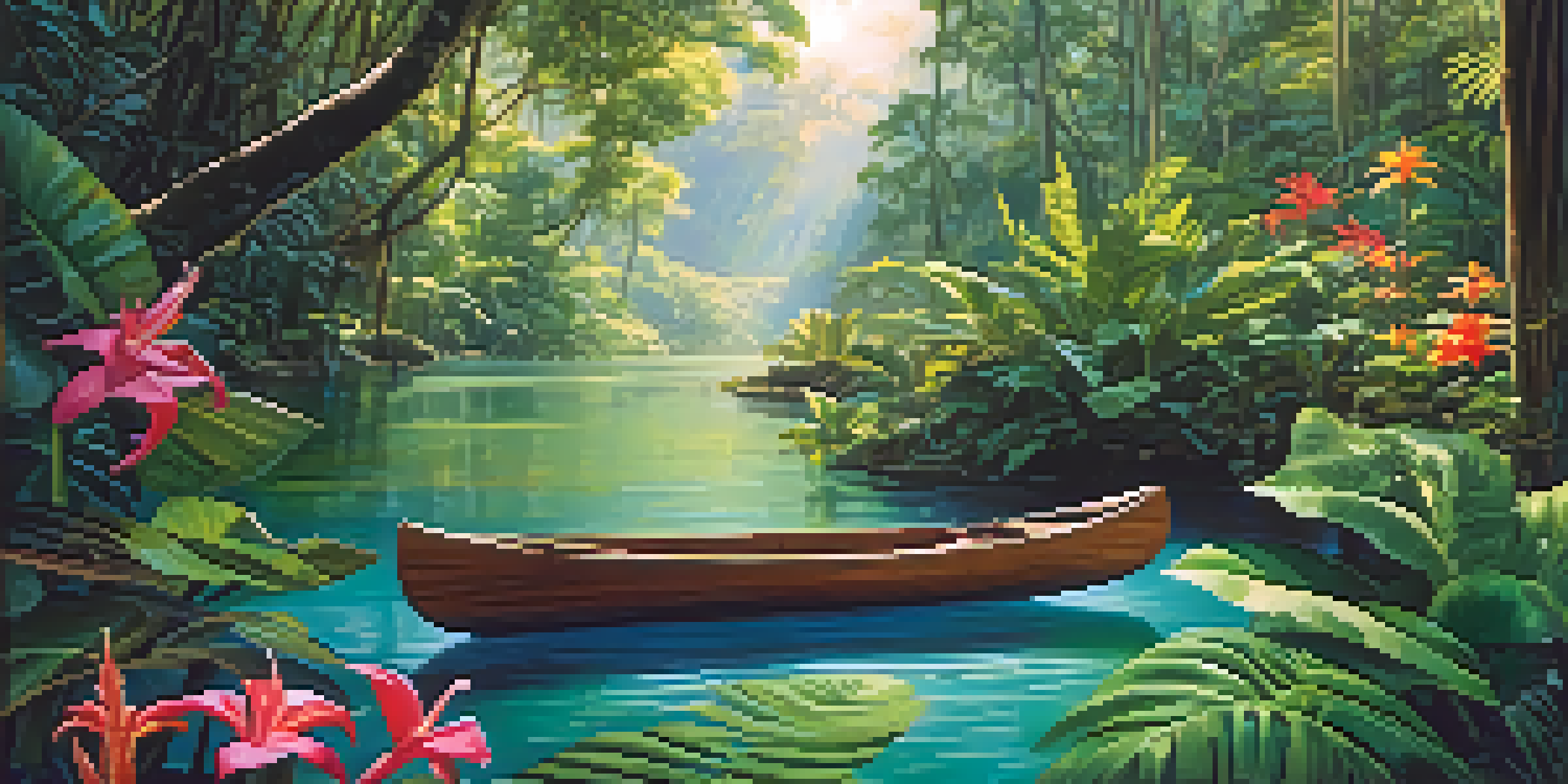 A peaceful scene of an Amazon rainforest with a river and a canoe, filled with greenery and sunlight.