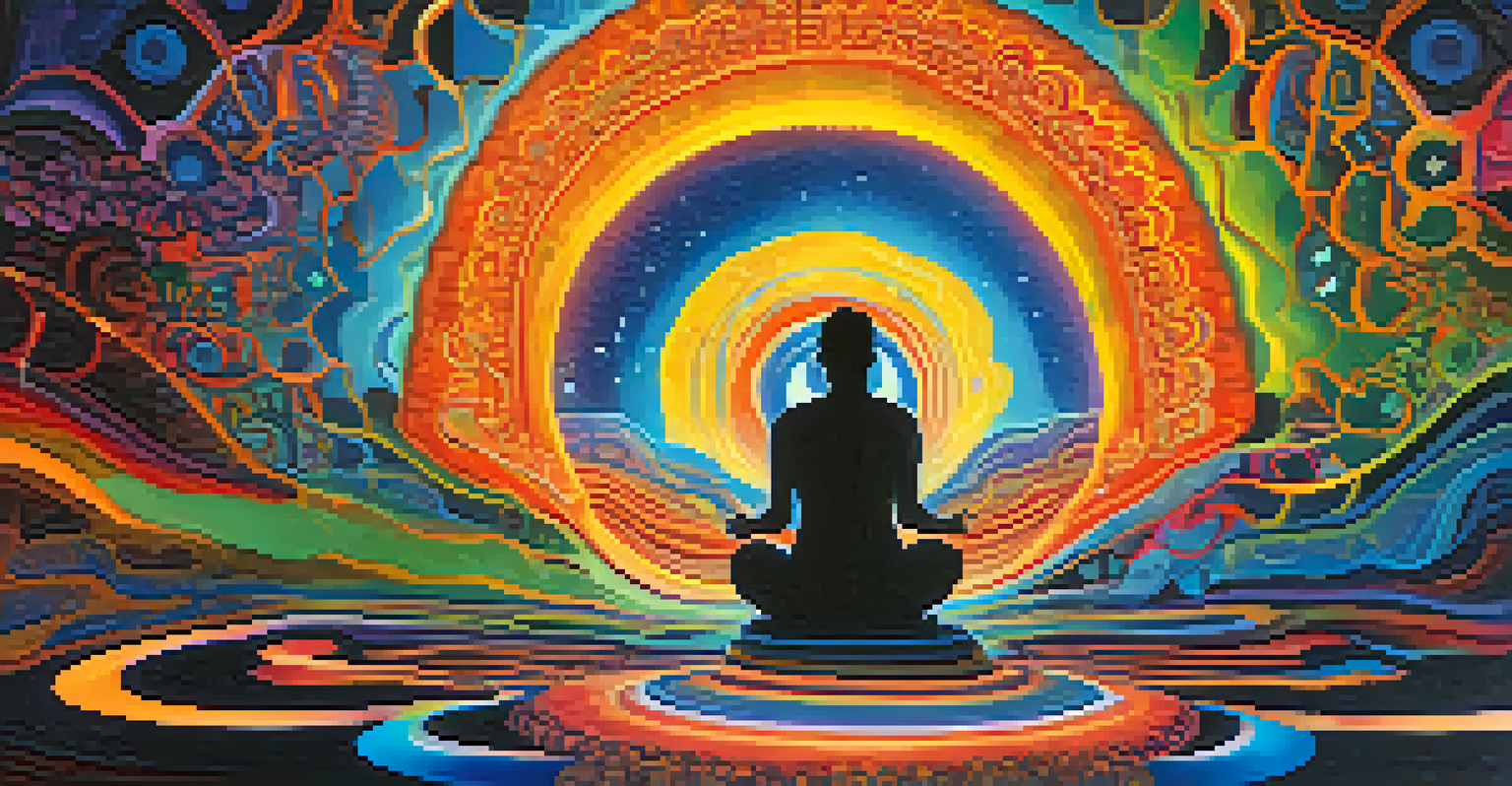 An abstract representation of a person meditating during an Ayahuasca experience, surrounded by vibrant colors and shapes.