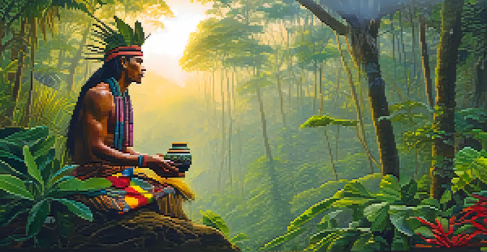 A shaman in traditional attire holding a ceremonial cup in an Amazonian jungle at dawn with mist and vibrant greenery.