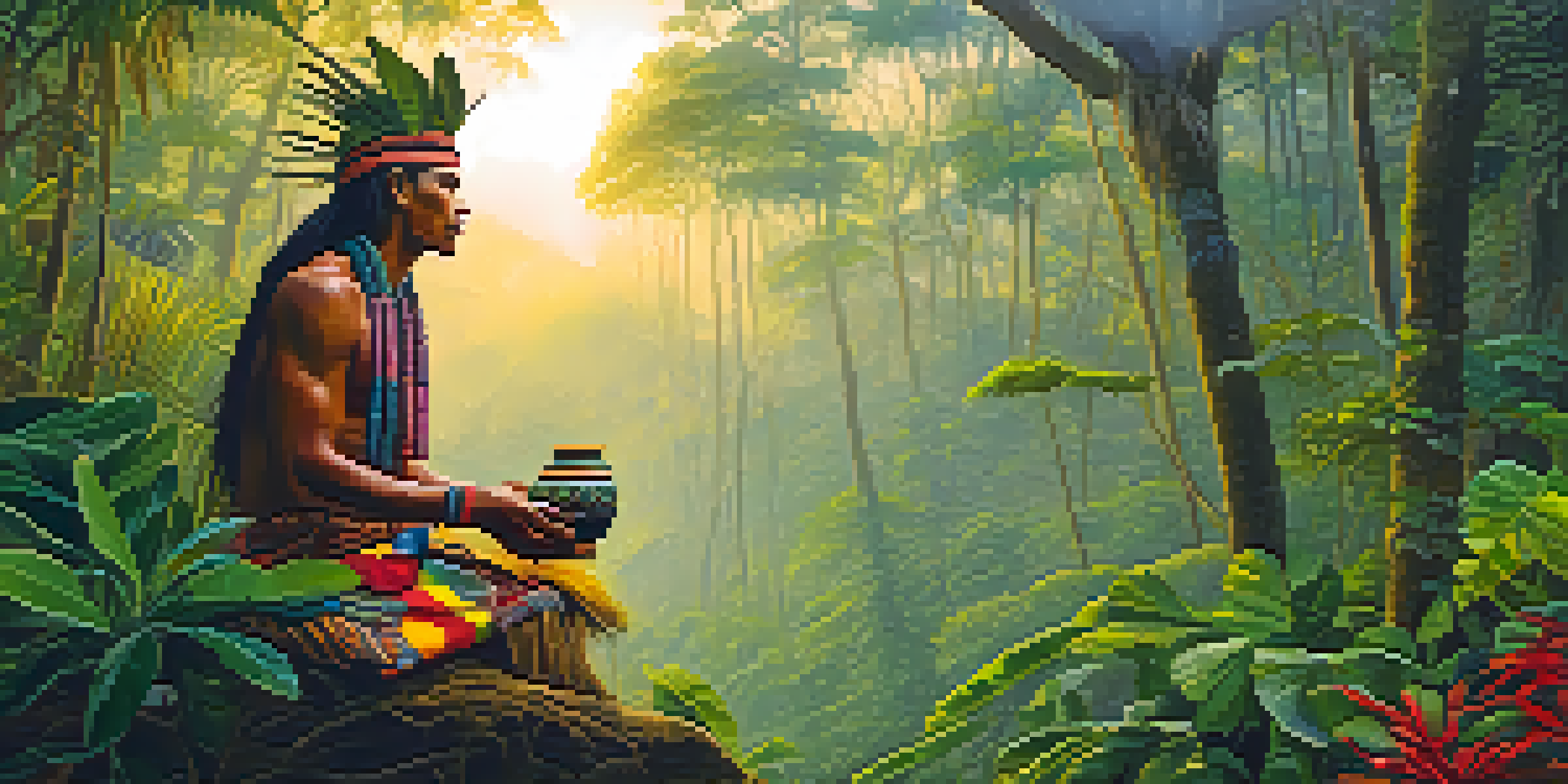 A shaman in traditional attire holding a ceremonial cup in an Amazonian jungle at dawn with mist and vibrant greenery.
