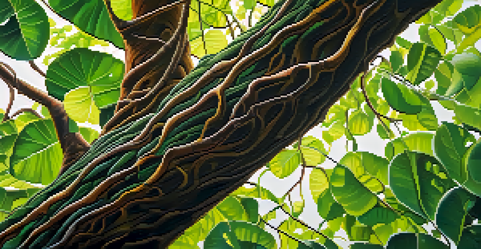 A detailed view of the Banisteriopsis caapi vine in the Amazon rainforest, highlighting its texture and vibrant leaves.