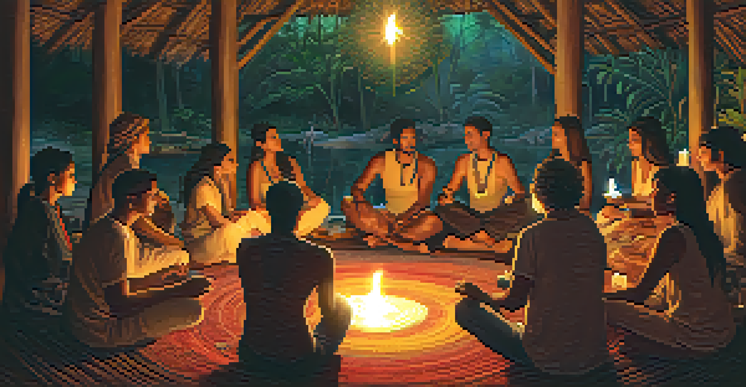 A diverse group sitting in a circle during an Ayahuasca ceremony, surrounded by candles and natural decorations in a warm setting.