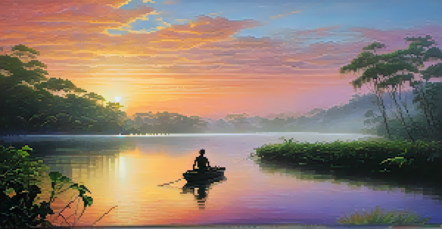 A serene sunrise over the Amazon river, with mist rising and a lone figure standing on the riverbank, surrounded by lush greenery and reflecting on healing.