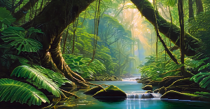An Amazon rainforest scene with the Banisteriopsis caapi vine and lush greenery, illuminated by soft sunlight.