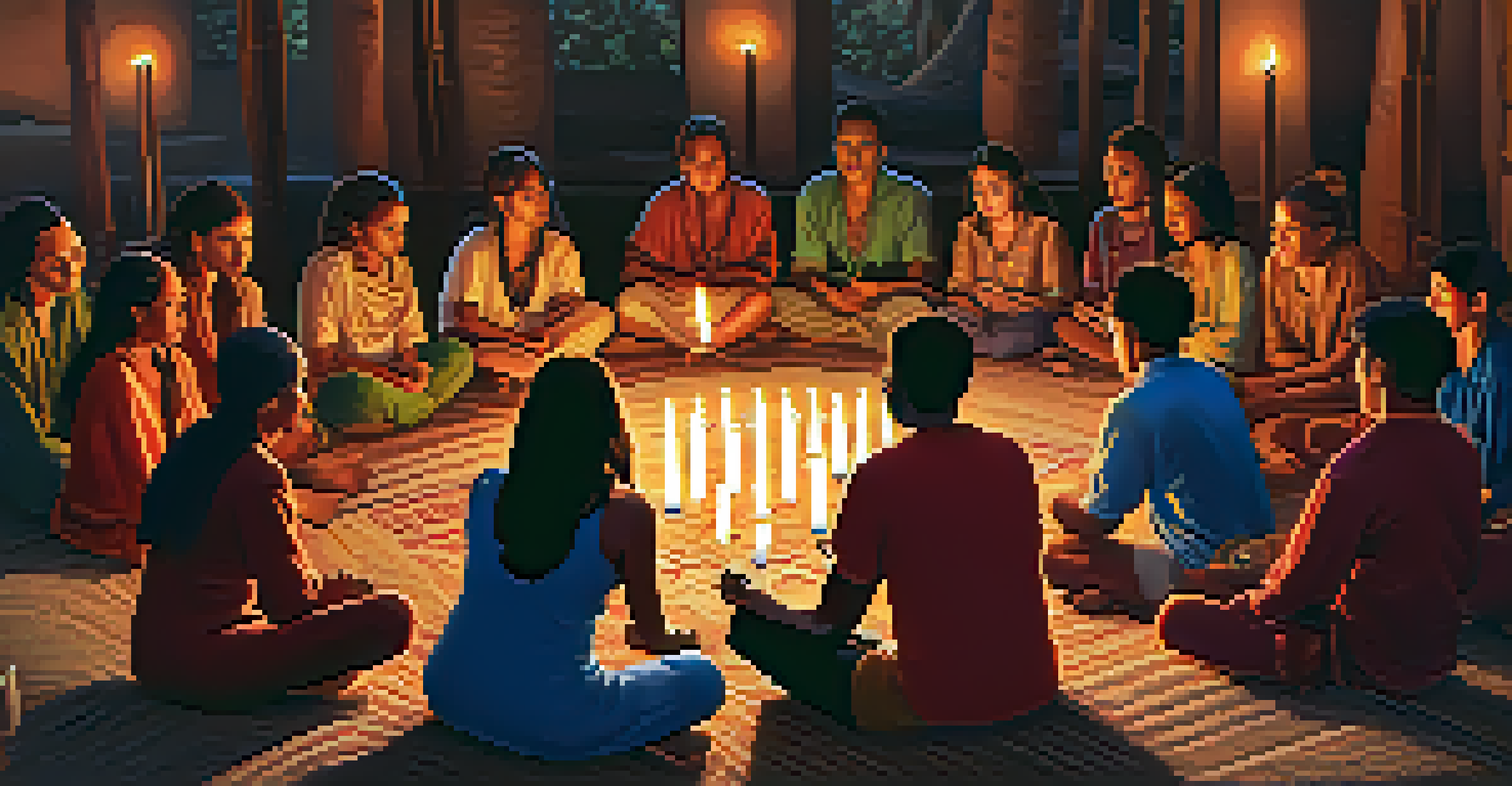 A group of diverse individuals sitting in a circle during an ayahuasca ceremony, surrounded by candles and textiles, engaged in reflection.