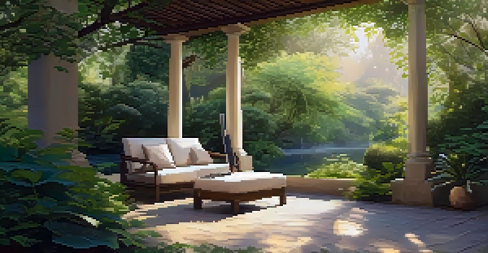 A tranquil outdoor reflection space with a cozy seating area, greenery, and a journal on a table.