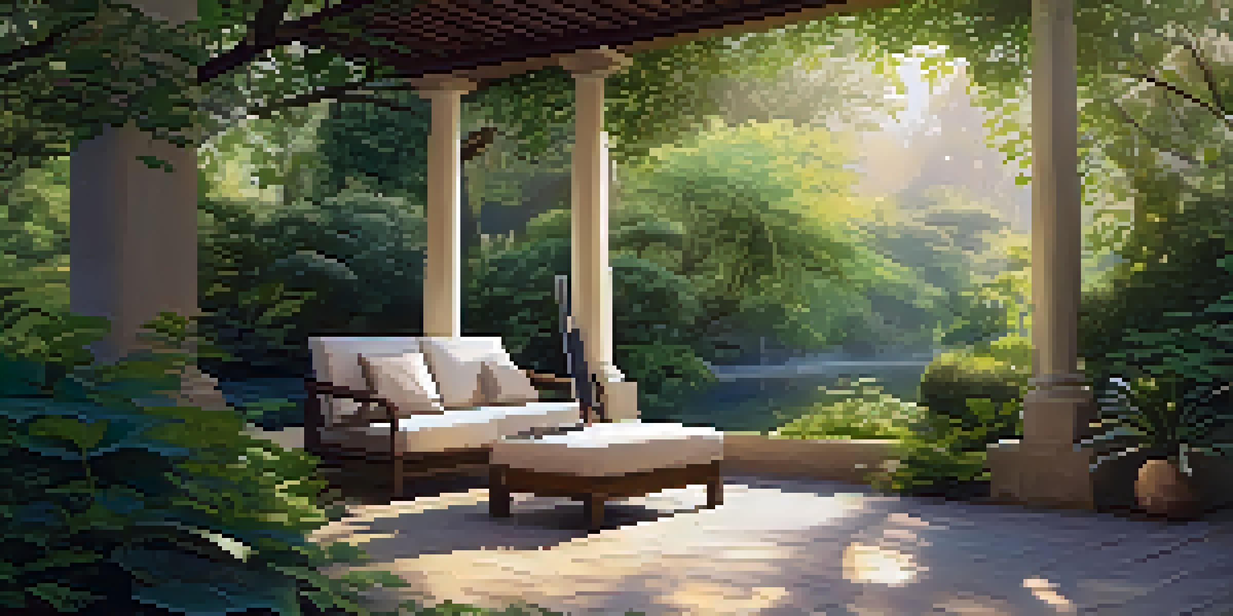 A tranquil outdoor reflection space with a cozy seating area, greenery, and a journal on a table.