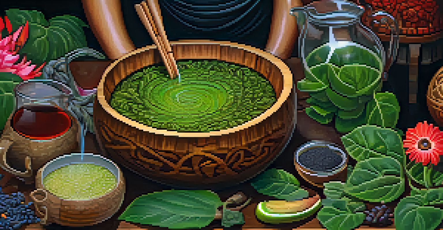 A close-up of a traditional Ayahuasca brew in a wooden bowl, surrounded by fresh leaves and flowers, with soft natural lighting.