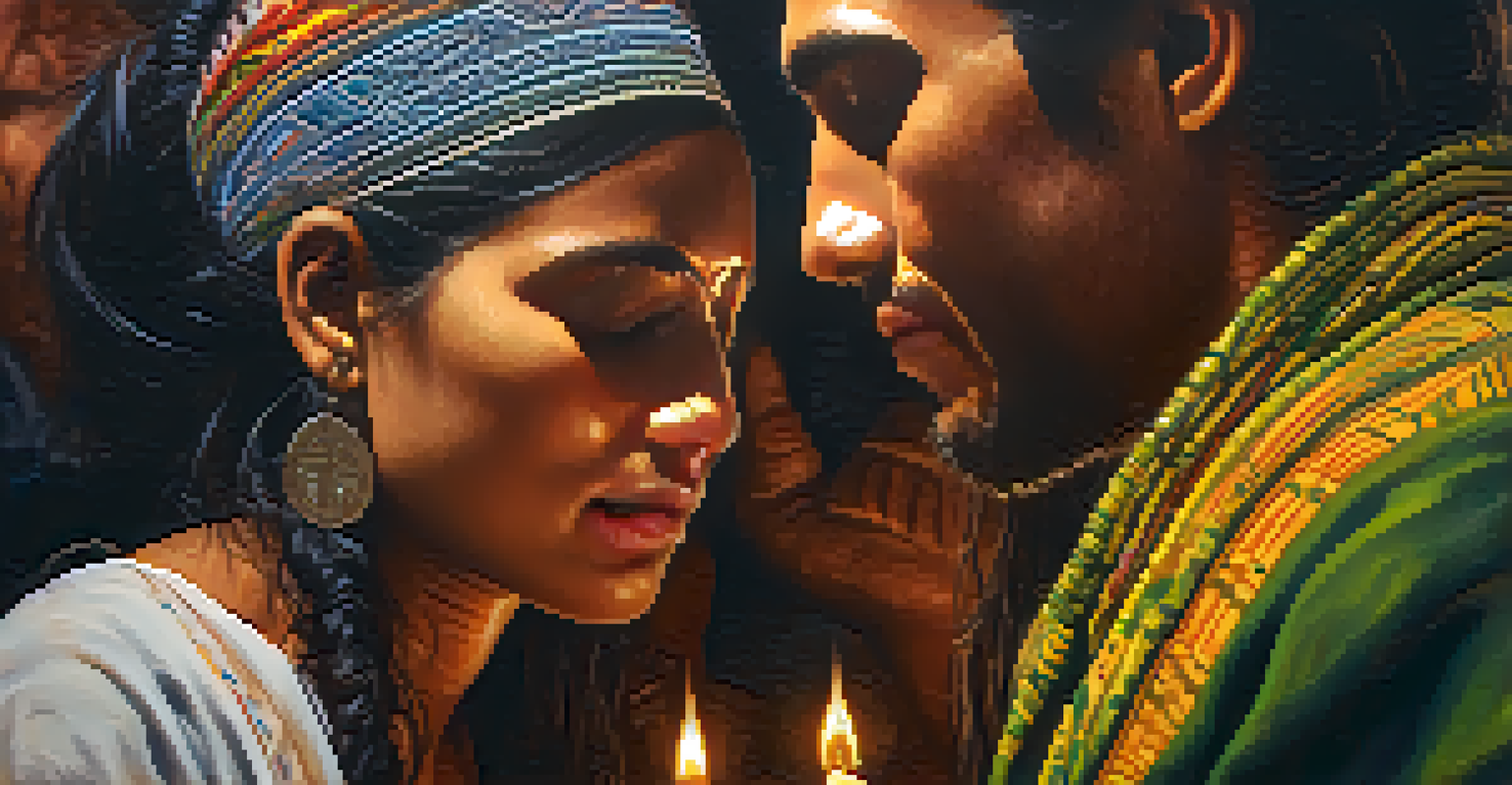 A close-up of two people sharing an emotional moment during an ayahuasca ceremony, with one person comforting the other in a warm, candlelit environment.