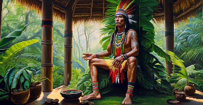 An Indigenous shaman in traditional clothing stands in a lush Amazon rainforest, surrounded by vibrant greenery and ceremonial items on a table.