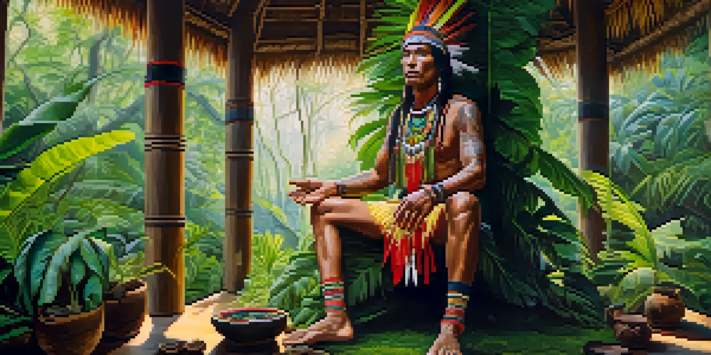 An Indigenous shaman in traditional clothing stands in a lush Amazon rainforest, surrounded by vibrant greenery and ceremonial items on a table.