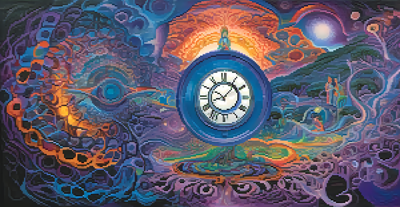 An abstract image showing swirling colors and overlapping images of a clock and a person meditating, representing time perception during an Ayahuasca experience.
