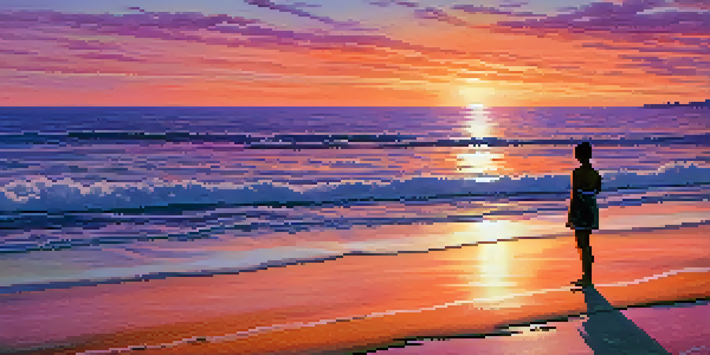 A person standing on a beach at sunset, looking at the horizon with colorful skies and gentle waves.