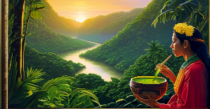 A woman in traditional attire holding a bowl of Ayahuasca brew in a serene Amazon rainforest at sunrise, surrounded by lush greenery and mist.