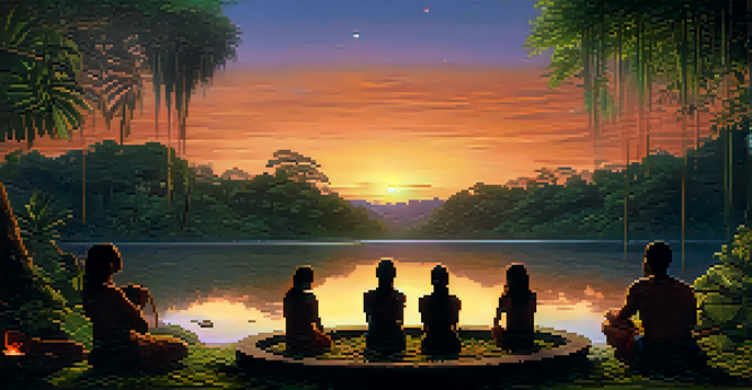 A group of diverse individuals sitting in a circle around a fire in a lush Amazon rainforest during dusk, engaged in a ceremonial Ayahuasca ritual.