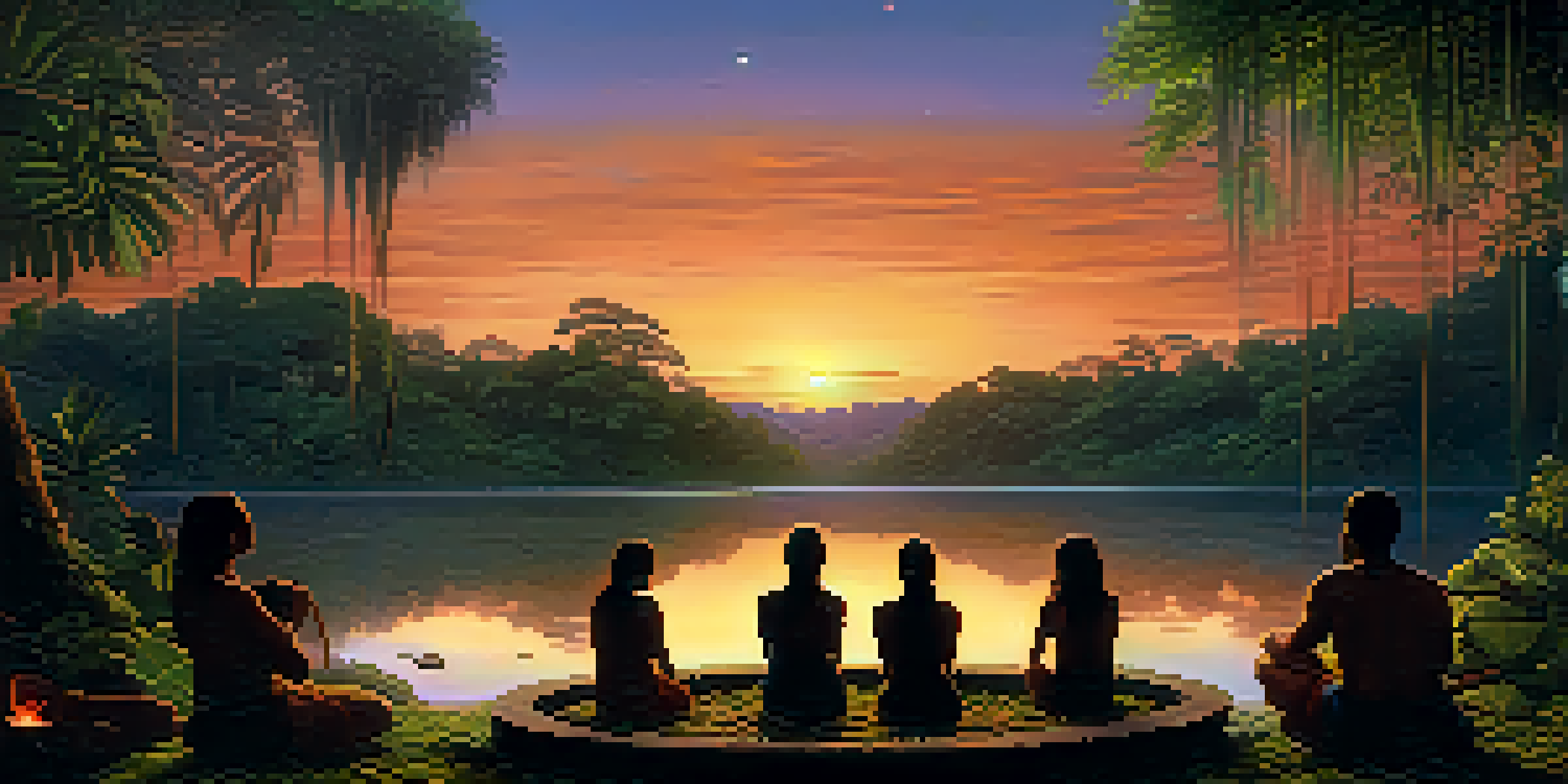 A group of diverse individuals sitting in a circle around a fire in a lush Amazon rainforest during dusk, engaged in a ceremonial Ayahuasca ritual.