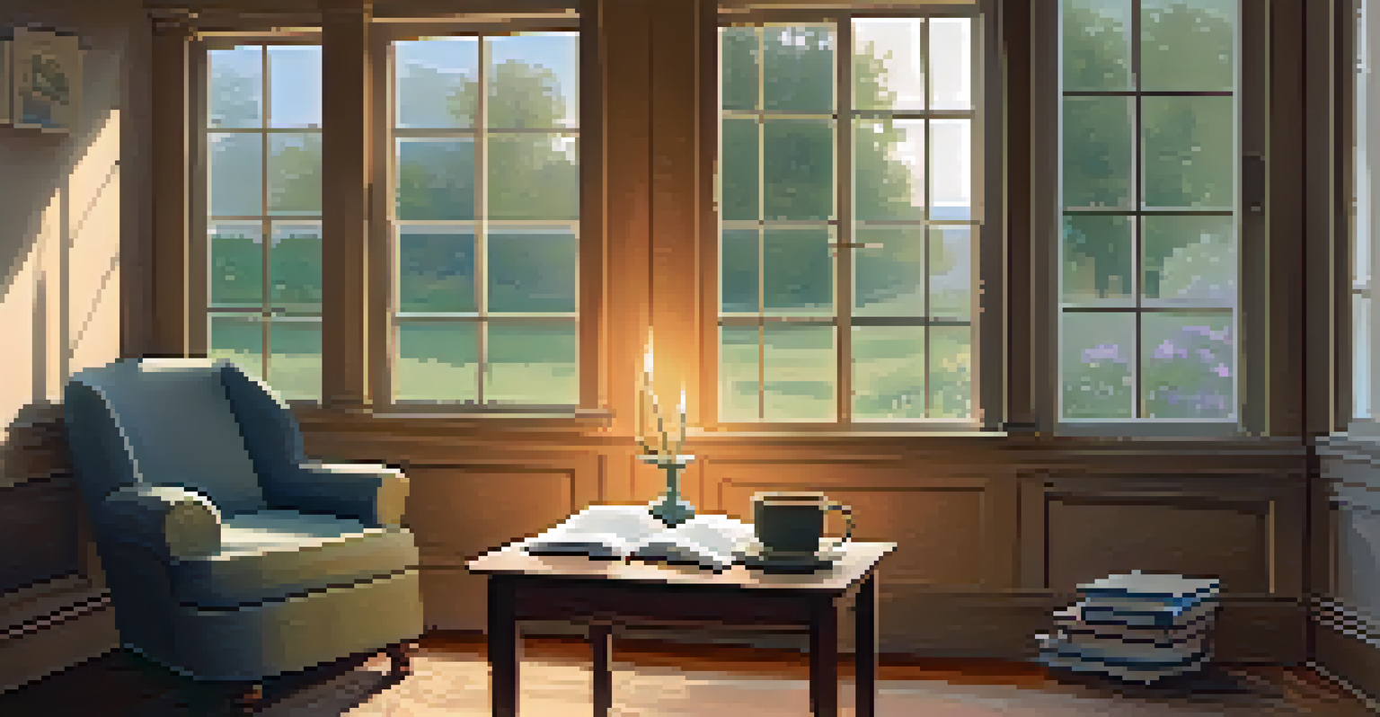 A cozy corner for self-reflection with an armchair, journal, candle, and calming artwork on the walls.
