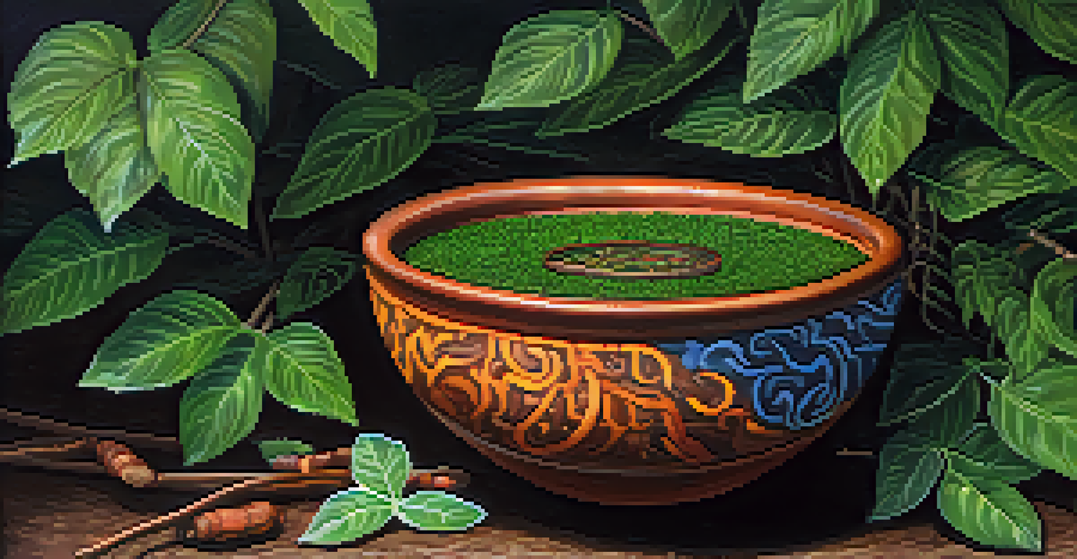 A close-up view of Ayahuasca brew in a rustic bowl, surrounded by fresh leaves.