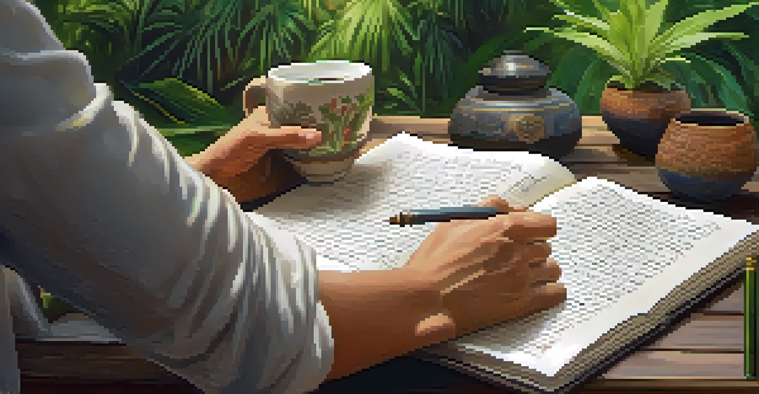 A close-up of hands writing in a journal after an Ayahuasca experience, with a peaceful outdoor setting in the background and a cup of herbal tea nearby.