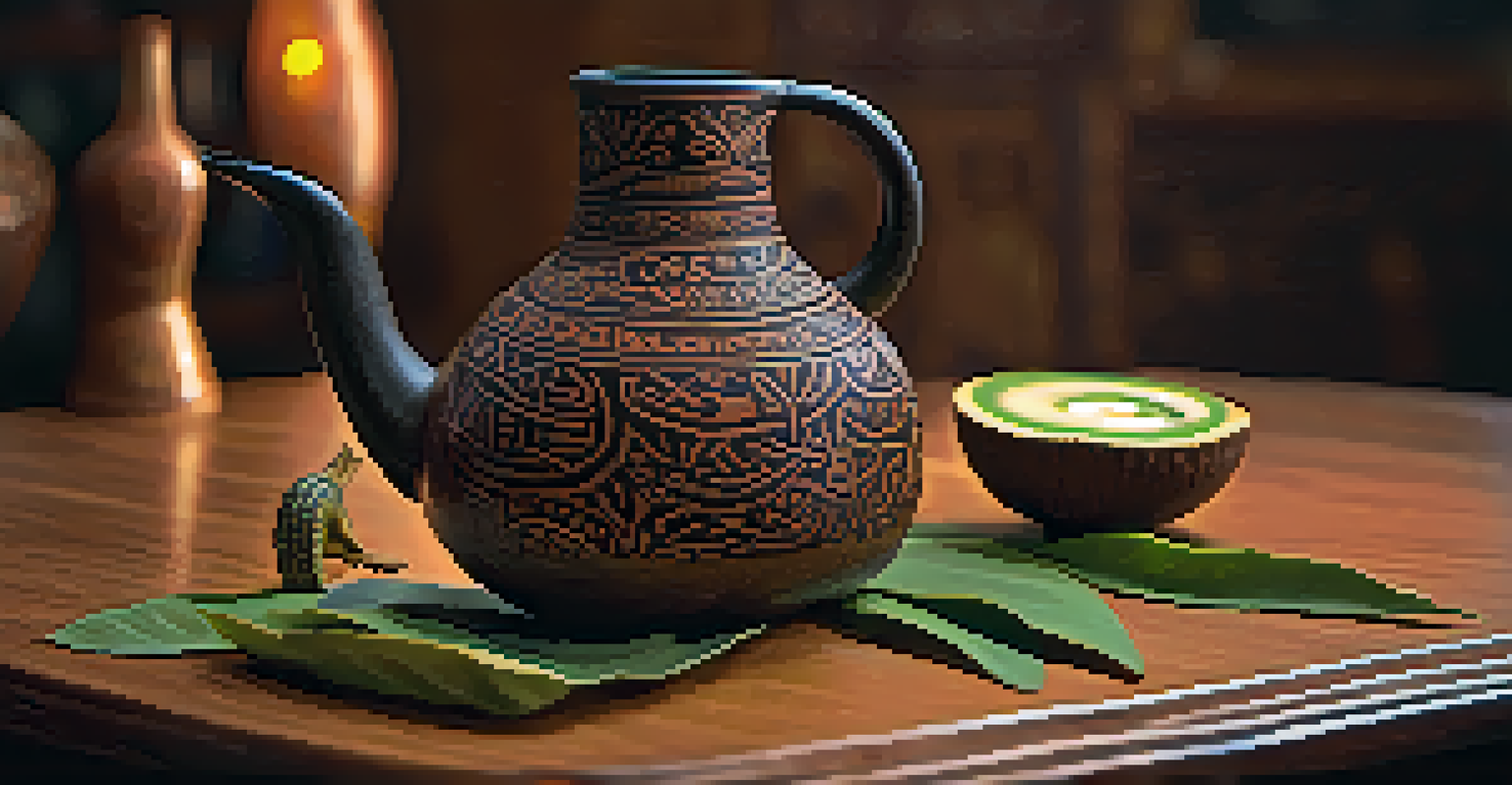 A close-up of a traditional gourd containing Ayahuasca brew, placed on a wooden table, showcasing the rich dark liquid and intricate gourd design.
