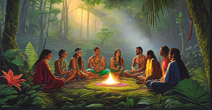 A peaceful Amazon rainforest at dawn with participants in a circle for an Ayahuasca ceremony, surrounded by lush greenery and a shaman guiding them.
