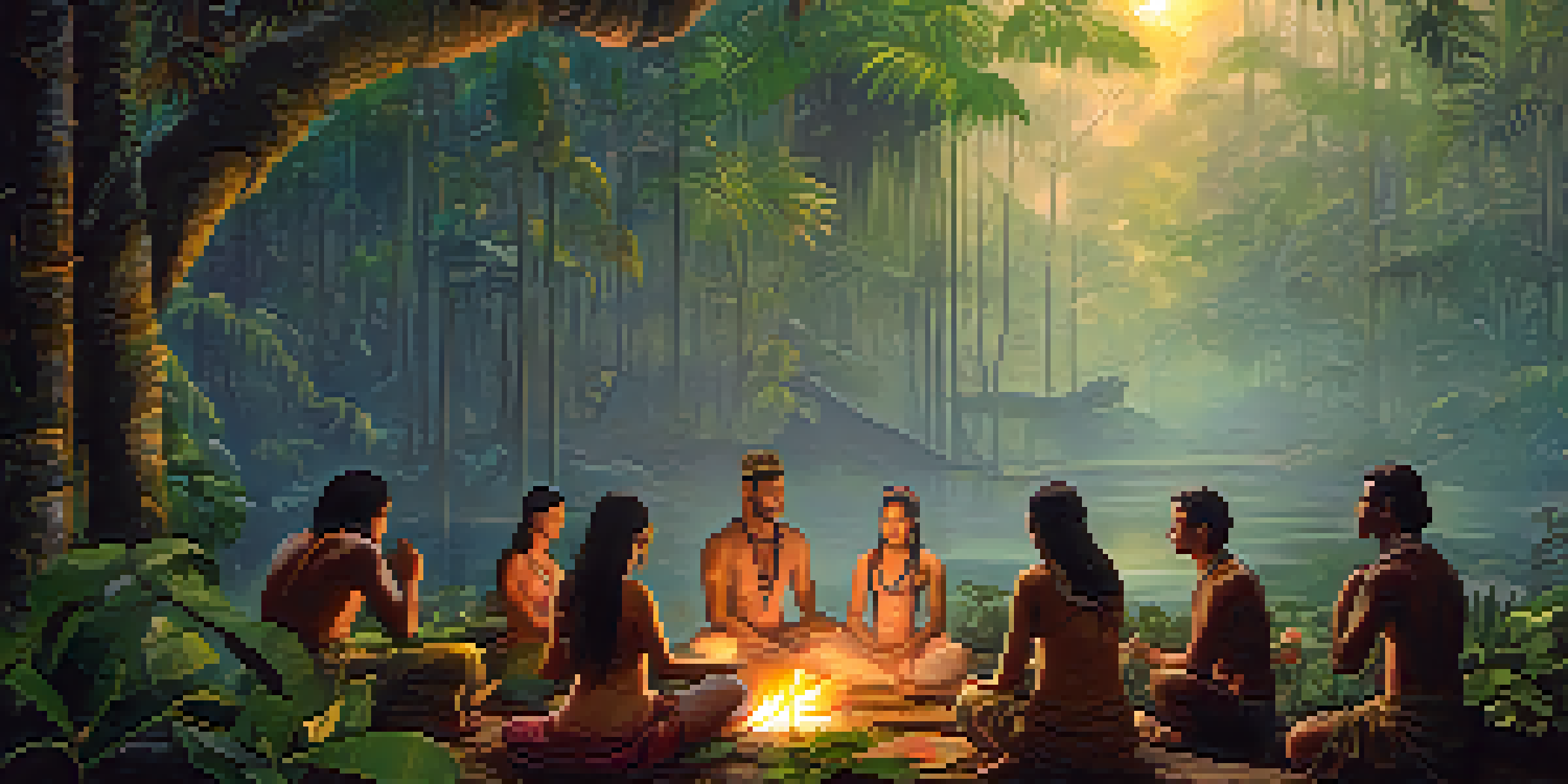 A peaceful Amazon rainforest at dawn with mist and a traditional Ayahuasca ceremony around a fire, featuring diverse participants in meditation.