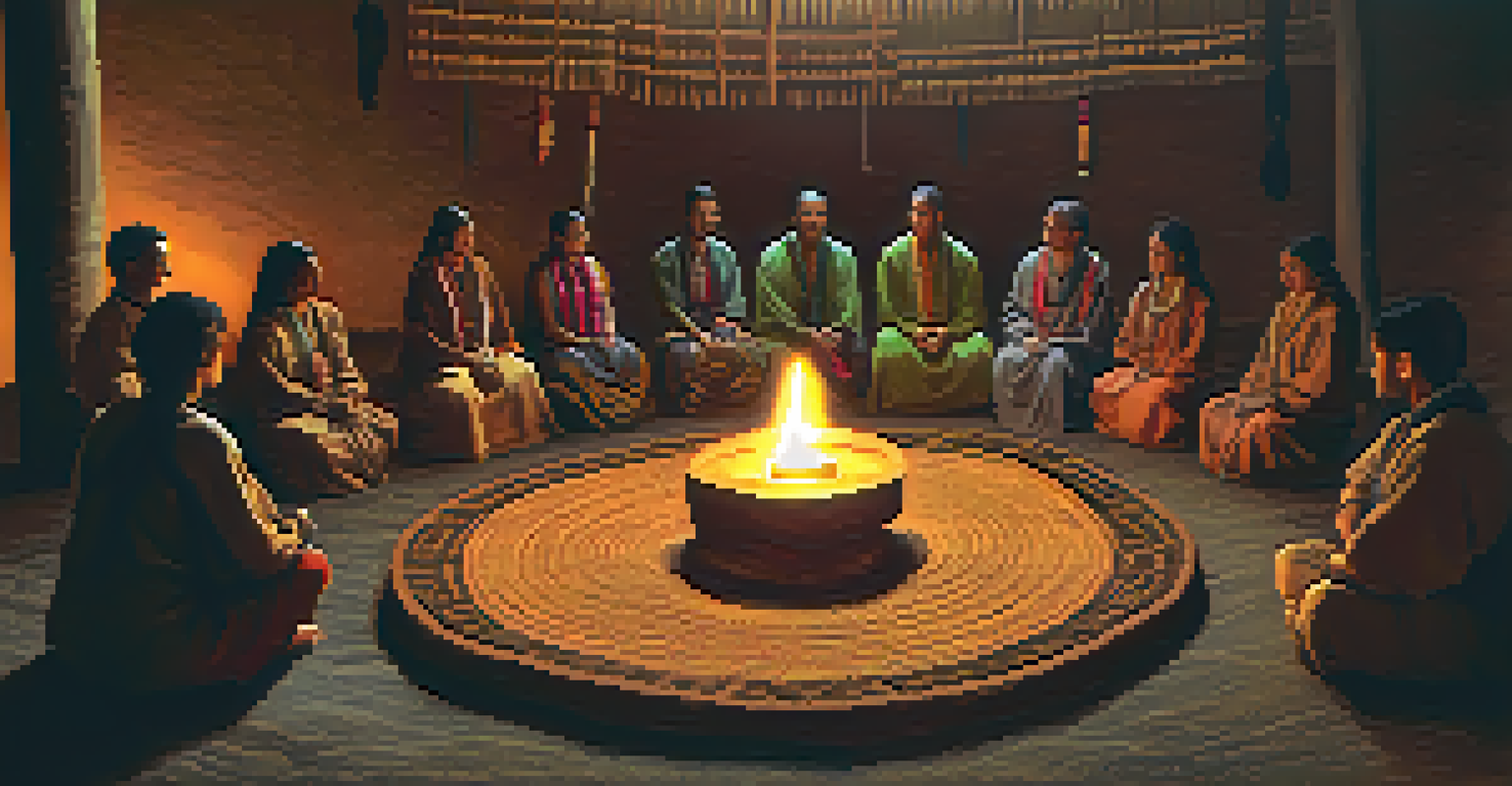 A cozy Ayahuasca ceremony scene with participants sitting in a circle around a shaman, illuminated by candlelight.
