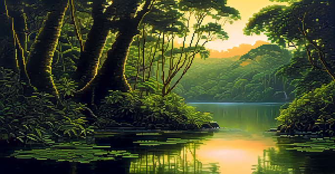 A tranquil Amazon rainforest at twilight, featuring lush green foliage and a river reflecting the golden light.