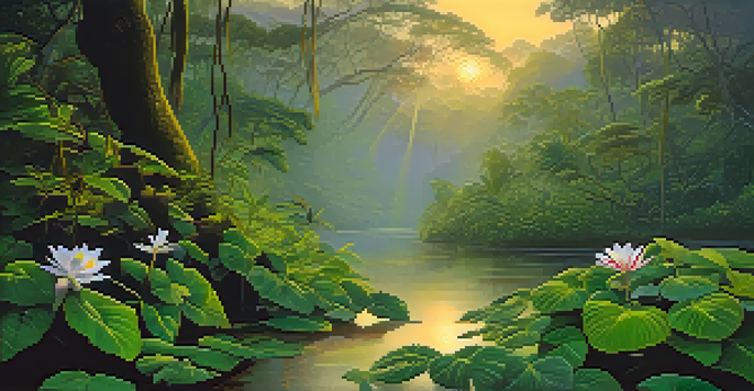 A peaceful Amazon rainforest scene at dawn with vines and leaves, mist, and a river reflecting the soft light.