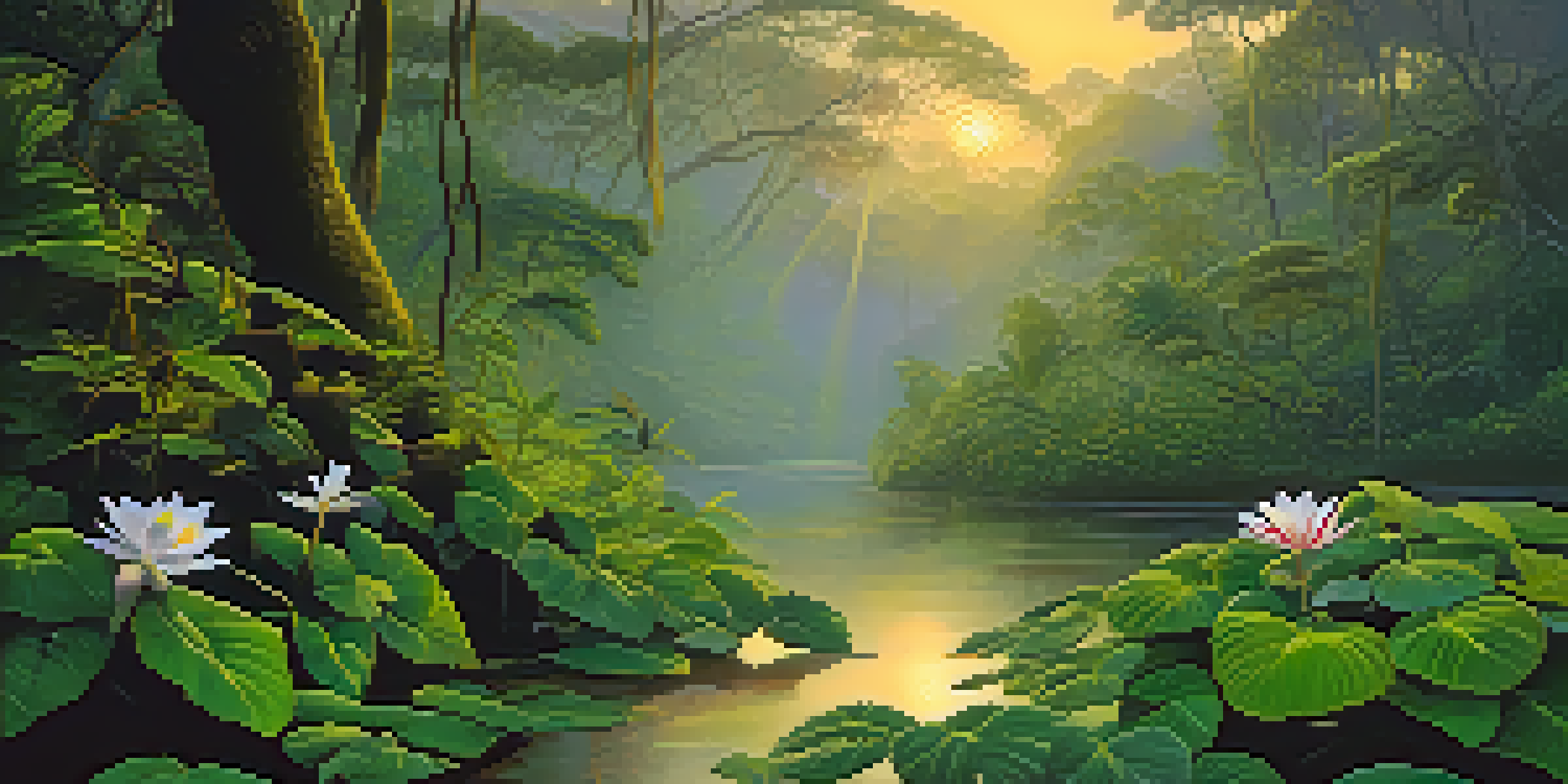 A peaceful Amazon rainforest scene at dawn with vines and leaves, mist, and a river reflecting the soft light.